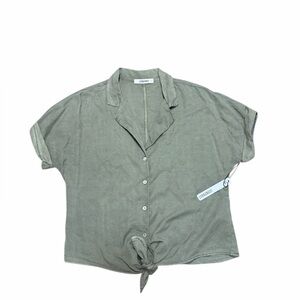 Anthropologie Self Contrast Green Tencel Tie-Front Button Blouse | Small